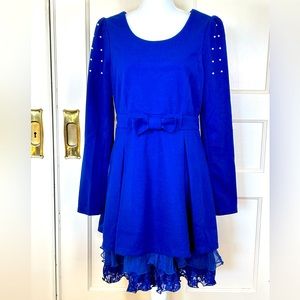 Ryu Anthropologie Women’s Royal Blue Scoop Neck Bow Pearls Ruffle Hem L NWT